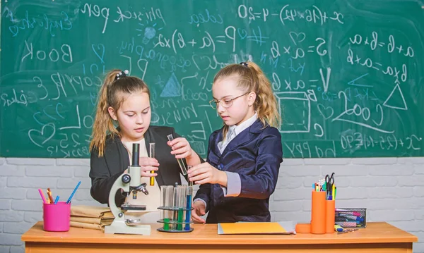 Επιστημονικά πειράματα. Έρευνα χημείας. Κοριτσάκια στο σχολικό εργαστήριο. Η επιστήμη είναι το μέλλον. Τα μικρά κορίτσια επιστήμονες δουλεύουν με το μικροσκόπιο. Βιολογία. Ευτυχισμένα κοριτσάκια. Συγκεντρωμένη στις σπουδές — Φωτογραφία Αρχείου
