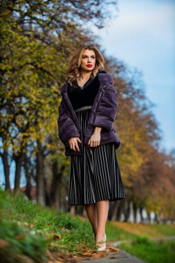 Çekici bir kadın. Hoş bir sonbahar kıyafeti. Kış moda trendleri. Seksi kırmızı dudaklı kadın kürk giyiyor. Lüks segment markası. Kürk hayranı. Kürklü iş kadını. Kürk butiği. Yumuşak ceket kürklü doku