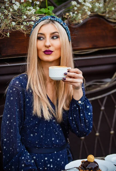 girl wear hair bezel jewelry. fashionable woman hair hoop with gem jewel. pretty girl relax in cafe. morning coffee. sexy blond with makeup. ready for date meeting. beauty and fashion