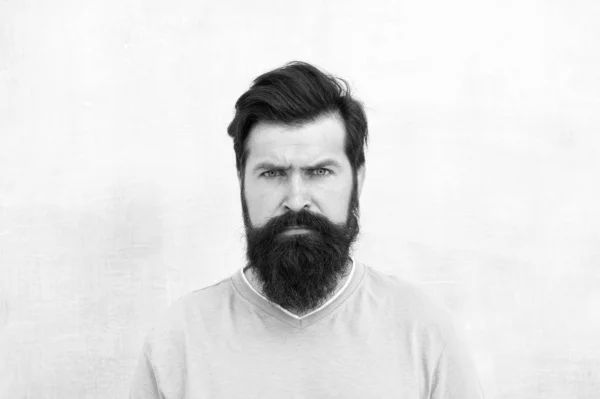 Cara estricta. Percepciones de la belleza masculina en todo el mundo. Hombre barbudo hipster elegante barba fondo gris. Barba elegante y cuidado del bigote. Aspecto hipster. Barba moda y concepto de barbero — Foto de Stock