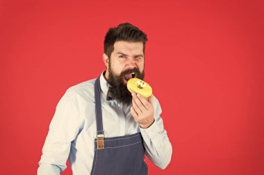 Hipster sakallı fırıncı kırmızı arka plan üzerinde sırlı donut tutun. Kafe ve fırın konsepti. Fırıncıdan tatlı çörek. Pişirme önlük adam sakallı fırıncı sevimli tatlı tutun. Açlık ve iştahı azaltmanın yolları