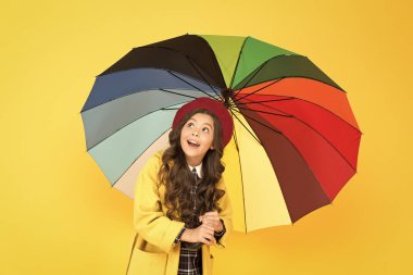 Yağmur yağmasını istemiyorsan her zaman şemsiye taşı. Tatlı küçük kız sarı arka plandaki yağmuru kontrol et. Sevimli küçük çocuk yağmur aksesuarı tutuyor. Yağmur tahmini. Yağmurlu sonbahar havası