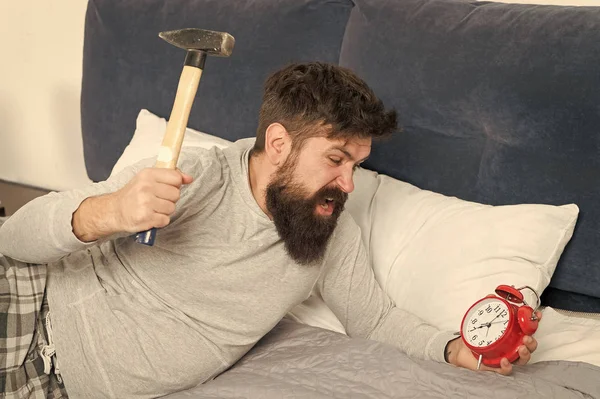 Catch up on missed sleep during weekend. Morning awakening. Man awake unhappy with alarm clock ringing. Although you are asleep you may wake up feeling like did not sleep at all. Stages of sleep — Stock Photo, Image