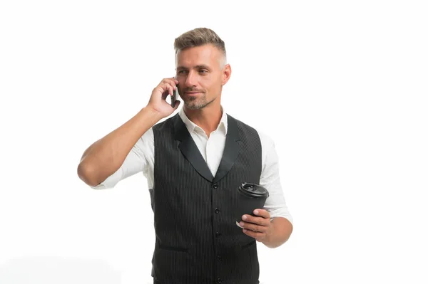 Call friend. Leisure. Time for recharge. Mobile communication. Coffee take away. Mature man hold paper coffee cup white background. Delicious fresh coffee concept. Good mood. Enjoying his coffee — Stock Photo, Image
