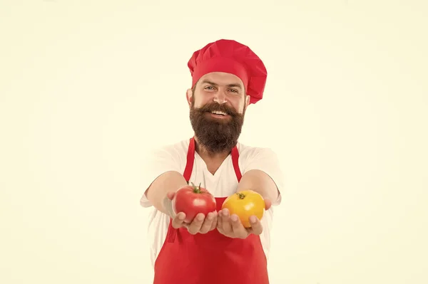 Tomato sauce recipe. Ripe tomato for delicious meal. Eat fresh tomato. Pick one. Healthy cooking concept. Man with beard on white background. Chef holds tomatoes. Cook in uniform holds vegetables — 스톡 사진