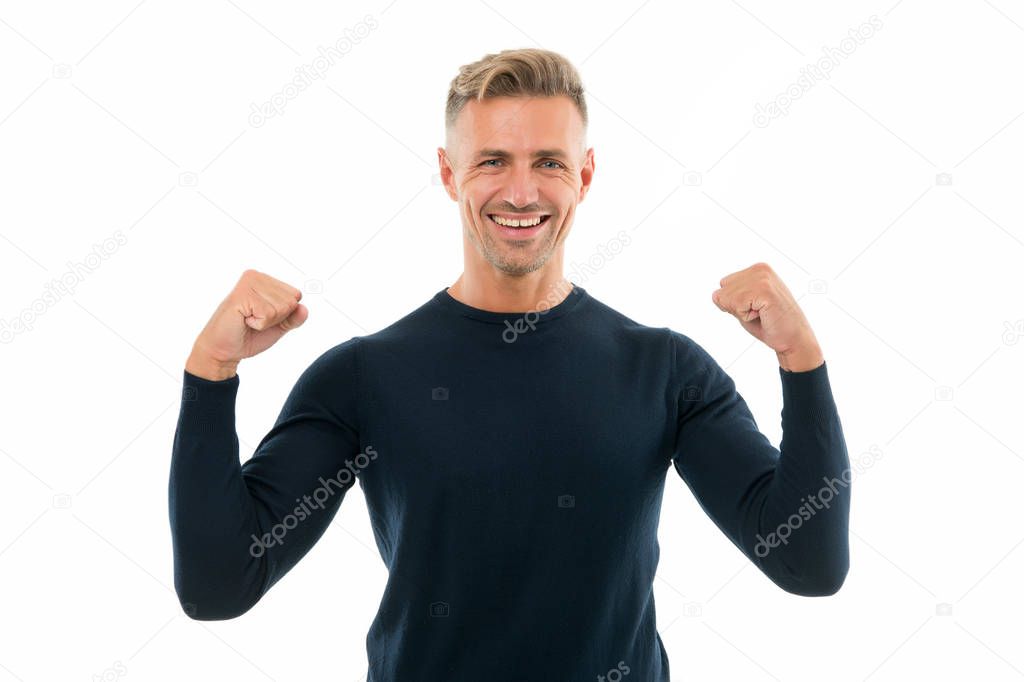 Male health. Confident and powerful. Confident man isolated on white. Happy smiling guy demonstrate power. Confident look of fashion model. Good mood make him feel confident. Confidence and power