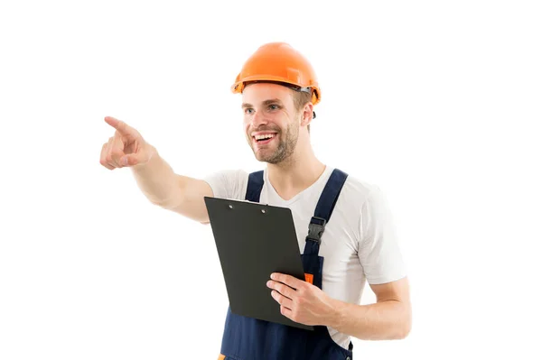 This way. Man hard hat hold building plan. Control and coordination. Control works. Foreman concept. Engineer architect project documents blueprint. Coordinator at construction site. Control process — Stock Photo, Image