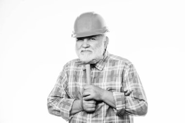 Her iş için adam. adam oluşturucu çekiç aracı kullanın. inşaat inşa. kask profesyonel tamirci. mimar onarım ve düzeltme. mühendis işçi. hardhat olgun sakallı adam