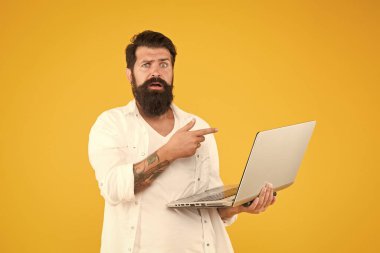 Bu da ne? Çevik iş konsepti. Dijital dünyada eğitim. Bilgisayarlı programcı. İnternette sörf yapan acımasız bir adam. hipster defter kullanıyor. Sakallı adam dizüstü bilgisayar sarı arka plan. İnternet üzerinden alışveriş