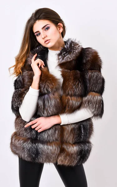 Pelzladen-Model posiert im weichen, flauschig warmen Mantel. Ziemlich modisch. Pelzmodekonzept. Frauen Make-up und Frisur posieren Nerz oder Zobel Pelzmantel. Luxus-Winterkleidung der Elite. Weiblicher brauner Pelzmantel — Stockfoto