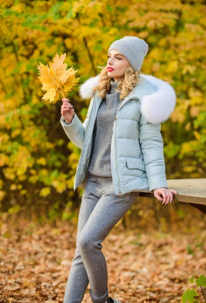 Kleding voor de rust. Vrouw genieten van de herfst seizoen in het park. Warme gebreide kleding. Meisje ontspannen in de natuur dragen van gebreide kleding pak en jas. Model breigoed kleding bladeren achtergrond. Voel je praktisch en comfortabel — Stockfoto