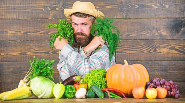 Compre verduras frescas de cosecha propia. Verduras de excelente calidad. Hombre con barba orgulloso de su cosecha verduras fondo de madera. Agricultor con verduras orgánicas. Sólo del jardín. Concepto de tienda de comestibles —  Fotos de Stock