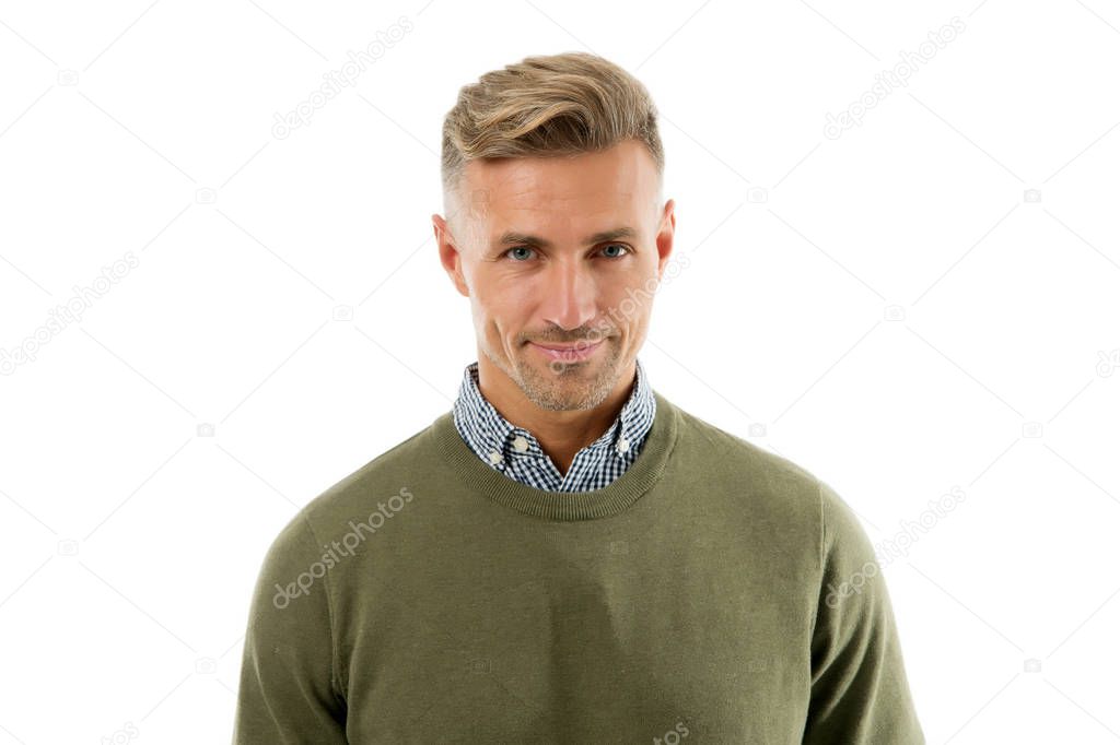 Good grooming is a must. Man isolated on white. Caucasian man with unshaven face hair. Handsome man in casual style. Casual wardrobe for modern man. Fashion and style