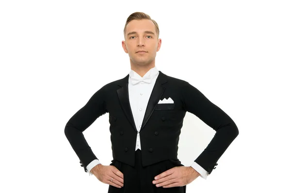 Confident and attractive. Handsome man isolated on white. Man in tuxedo. Formal groom style man. Ballroom dancer man. Fashion and style. Dress code. Dressed up for prom or wedding ball — Stock Photo, Image