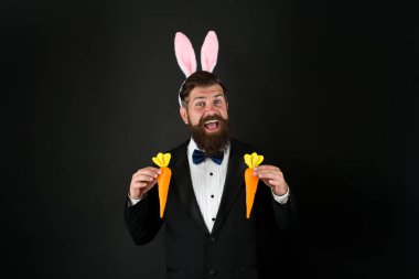 Sağlıklı olduğum için mutluyum. Paskalya tavşanı havuç getiriyor. Tavşan kulaklı sakallı adam sebze tutuyor. Sağlıklı beslenme. Sağlıklı beslenme. Vejetaryen diyeti. Sebze ye. Sağlıklı ve keyifli Paskalya yemeği