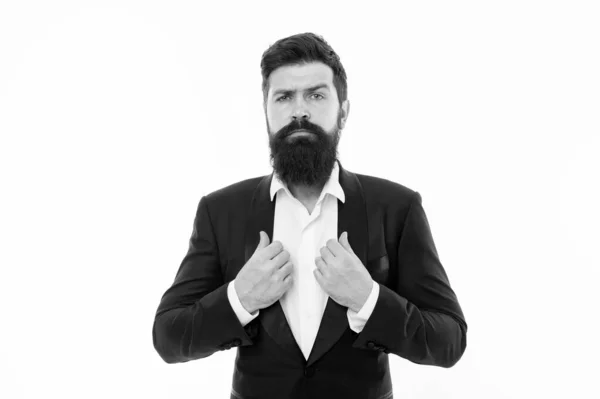 Super-herói. Cabelo facial e preparação. Modelo de moda com barba longa e bigode. Estilo de moda de pessoas de negócios. Vestuário masculino e conceito de moda. Homem bonito barbudo homem de negócios usar terno formal — Fotografia de Stock