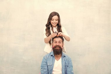 Daughter style, you smile. Little daughter stylist. Small daughter hairstyle fathers hair. Happy family. Cute hairdresser. Daughter barber did me first. Hair salon. Barbershop
