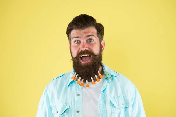 Hombre barbudo. hombre barbudo hipster estilo casual. San Valentín. Me encanta cuidar mi pelo de barba. lavandería. secado del cabello. barbería. pinza de hombre en la barba. macho brutal puso pinza de ropa con corazones en la barba —  Fotos de Stock