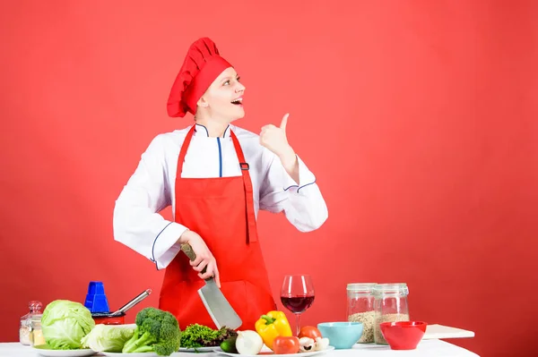 Chop food like pro. Knife skills concept. Sexy aphrodisiac dinner recipes. Choose proper knife. Best knives to buy. Dangerous lady. Stainless steel. Be careful while cut. Woman chef hold sharp knife — Stock Photo, Image