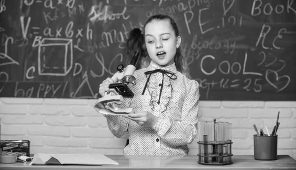 Observe chemical reactions. Formal education school. Educational experiment. Back to school. School classes. Girls study chemistry in school. Biology and chemistry lessons. Theory and practice — Stock Photo, Image