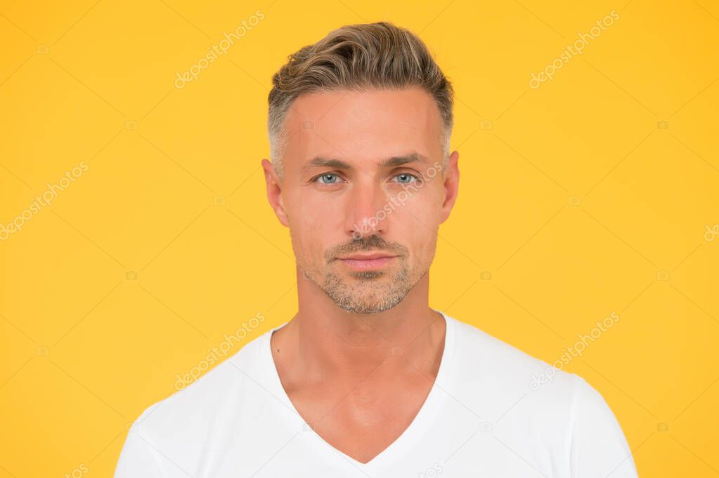 Take ageing with respect. Man mature good looking model. Silver hair shampoo. Grizzle hair. Deal with gray roots. Man attractive well groomed facial hair. Barber shop concept. Barber and hairdresser