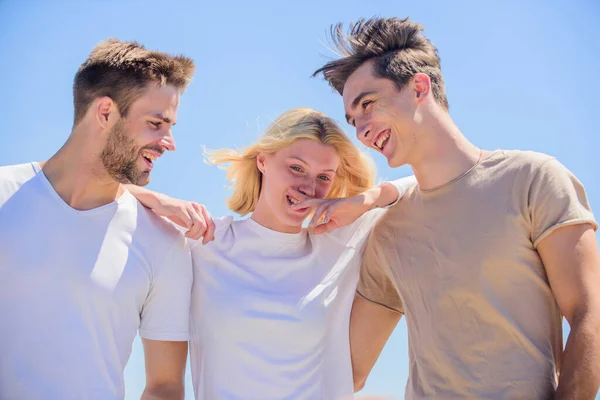 Friendship relations. People outdoors. Happy woman and two men. Member friendship wishes to enter into romantic relationship. Friendship love. Friend zone concept. Happy together. Cheerful friends — Stock Photo, Image