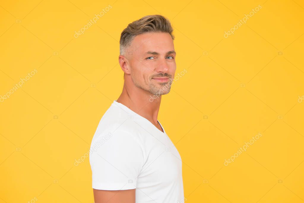 Barbershop salon. Barber and hairdresser. Man mature good looking model copy space. Hair styling. Reference beauty. Grizzle hair. Deal with gray roots. Man attractive well groomed facial hair