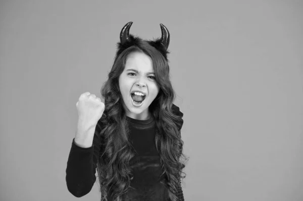 Unleashed fun. autumn holiday celebration. small child red horns. cute imp. trick or treat. happy halloween. cheerful little girl halloween party. devil inside of me. she has bad character — Stock Photo, Image