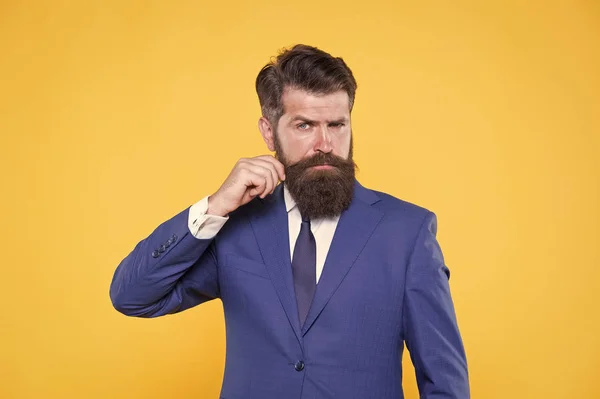 Grow mustache. businessman formal suit. handsome bearded man ceo. Barbershop and stylist. successful and charismatic lawyer. leadership concept. Business people. Serious motivated entrepreneur