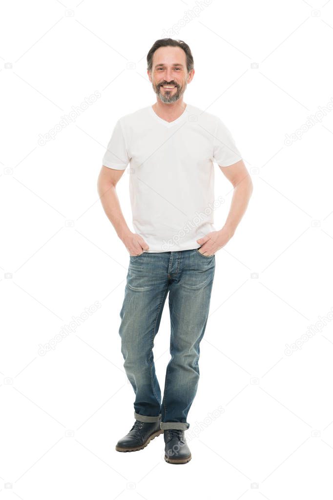 Casual style to suit his personality. Bearded man in casual style isolated on white. Casual trends. Casual look of mature fashion model. Fashion wardrobe for modern men. Fashion and style