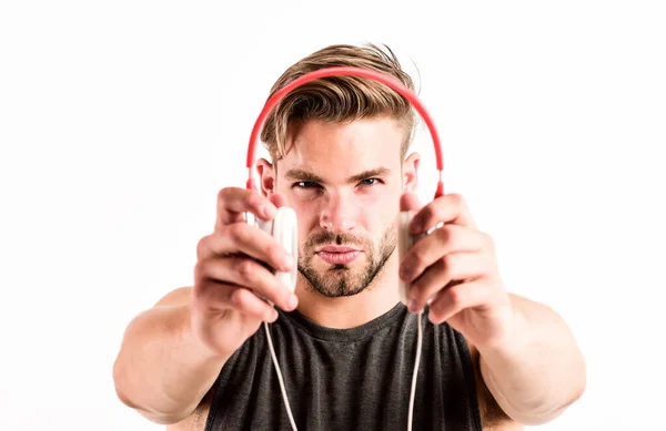 Equipment for dj. Man handsome guy using modern headphones. Music as daily therapy. Audio training for motivation. Listen music. Music taste. Professional software and devices. Entertainment concept