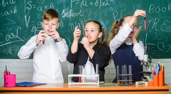 Studie über flüssige Zustände. Schüler der Gemeinschaftsschule studieren chemische Flüssigkeiten. Mädchen und Jungen experimentieren mit Flüssigkeiten. Ergebnis prüfen. Teamwork-Konzept Reagenzgläser mit bunten Flüssigkeiten — Stockfoto