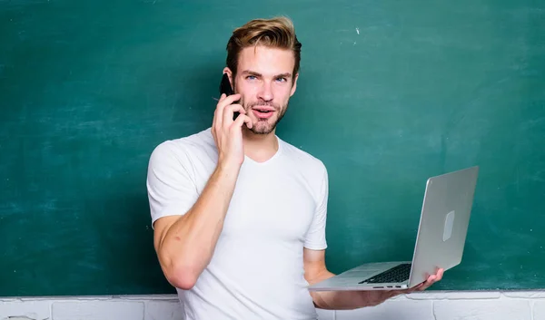 Service is the best gift of attention. teacher use computer. modern education online. back to school. business school. man use 4g internet to study. student man at e learning class speak on phone — Stock Photo, Image