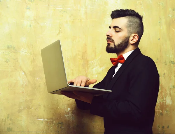 Businessman with beard, stylish haircut, busy concentrated face and laptop