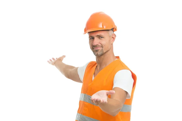 Welcome to a brighter future. locksmith offer to come with him. builder inviting gesture. all is clean and clear. pure surround us. garbage chute operator. look no garbage around. asphalt worker — Stock Photo, Image