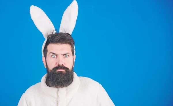 Being wide eyed. Easter bunny is symbol of fertility and spring. Bearded man in Easter rabbit costume. Man wearing long rabbit ears. Easter bunny or hare. Hipster dressed for Easter party, copy space