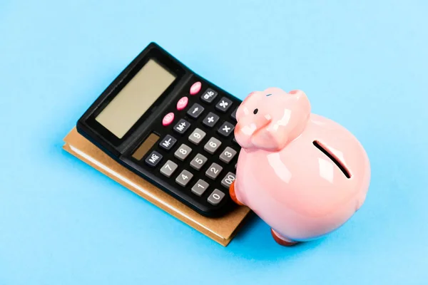 Economics and finance. Piggy bank pink pig and calculator. Business administration. Calculate profit. Finance manager wanted. Trading exchange. Trade market. Finance department. Credit debt concept
