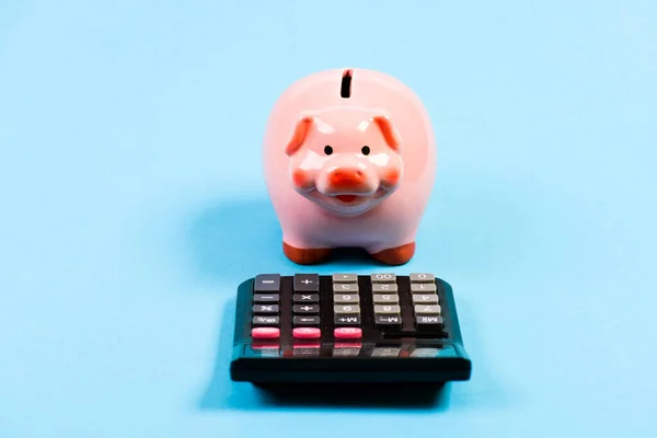 小猪银行象征着省钱.投资概念。帮助做出明智的财务选择。交税税收计算器。小猪和计算器。税收和收费可能有所不同。会计事务 — 图库照片