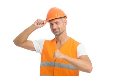 Mimar kontrolü. Her şey kontrol altında. Güvenlik kavramı. Adam koruyucu şapka ve üniforma giyiyor. Neşeli inşaatçı. Koruyucu ekipman konsepti. Yakışıklı inşaatçı. Müfettiş kontrol.