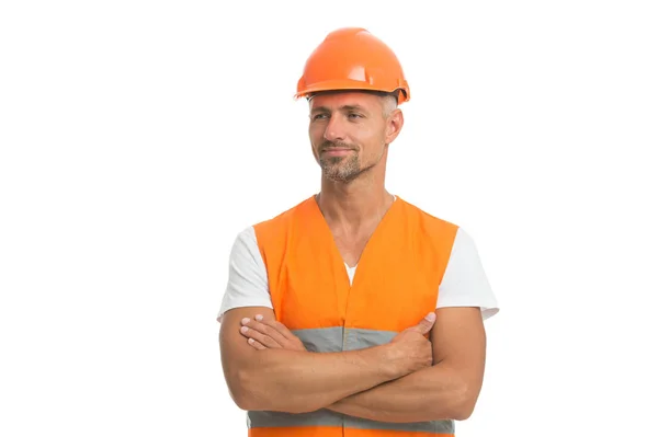 Building design. Design architect. Design future. Mature man in helmet. Works at building site. Builder in protective vest and helmet. Construction worker isolated white. Engineering for better life — Stock Photo, Image