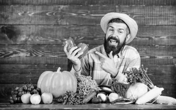 Propia cosecha. Festival de la cosecha. agricultor maduro barbudo. alimentos orgánicos y naturales. Feliz Halloween. alimentos vitamínicos estacionales. Frutas y hortalizas útiles. hombre chef con rica cosecha de otoño —  Fotos de Stock