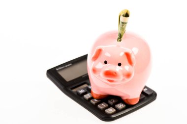 Finansal refah. Tasarruf hesabı. Tasarruf depozitosu tasarruf etmek için uygun esnek bir yoldur. Piggy Bank Pembe Domuz dolar banknot ve hesap makinesi doldurdu. Tasarruf. Ekonomi ve finans