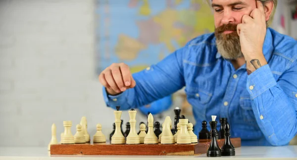 need regular exercises. teacher make training lesson. education concept. man playing intellectual game. clever man play chess. chess board with chess pieces. tournament strategy. Schoolboard fun