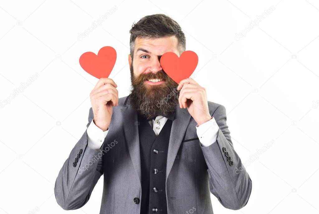 Hipster wears fashionable suit and bow-tie. flirt, dating, joy, success concept.