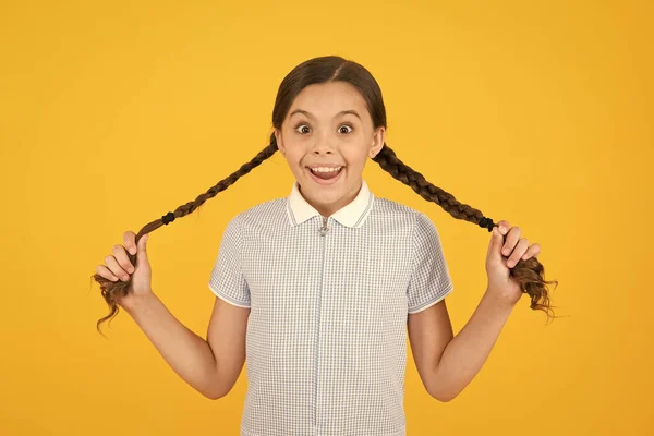 Schattig vlechten. Tender schoolmeisje op gele achtergrond. Netjes kapsel. Klein meisje met schattige vlechten. Mooie vlechten. Gevlochten kapsel concept. Meisje met gevlochten haarstijl. Kapper salon — Stockfoto