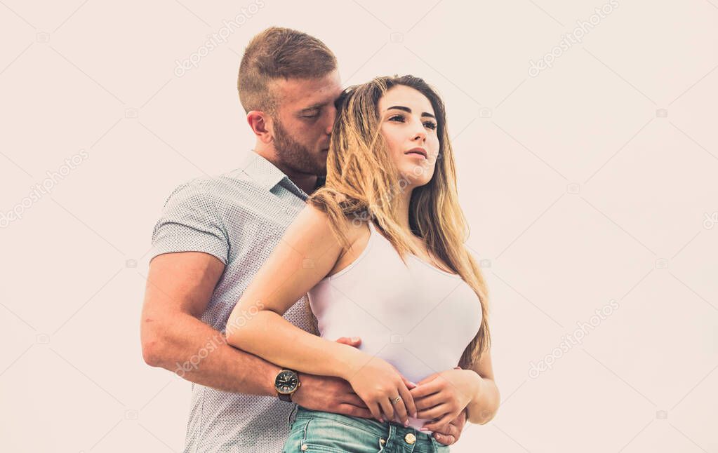 True love. Supporting her. Family love. Devotion and trust. Couple in love. Together forever we two. Love story. Romantic relations. Cute relationship. Man and woman cuddle nature background