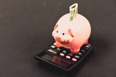 Ekonomi ve finans. Finansal refah. Tasarruf hesabı. Tasarruf. Piggy Bank Pembe Domuz dolar banknot ve hesap makinesi doldurdu. Tasarruf depozitosu tasarruf etmek için uygun esnek bir yoldur