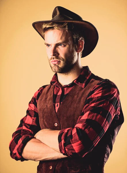 Procurado. Retrato de cowboy ocidental. Camisa xadrez no rancho. Homem de estilo vintage. cowboy retro do Oeste Selvagem. cowboy no campo. Ocidental. rodeio oeste selvagem. Bonito homem de chapéu — Fotografia de Stock