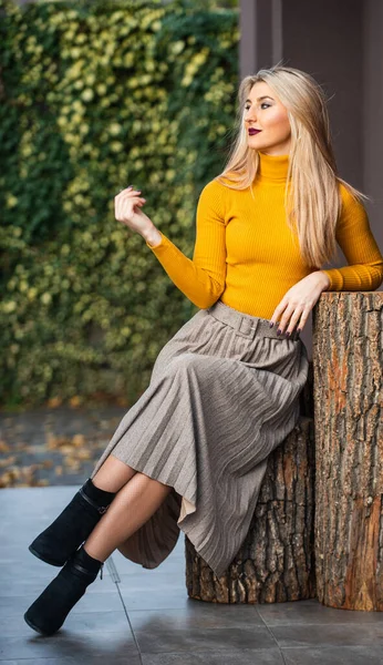Mode ist ihr Leben. Faltenrock-Kollektion. Frau warmen Herbstrock sitzen draußen. beim Gehen entspannen. Genießen Sie einen entspannten Tag. Kleidung hat Falten. Rock muss sein. trendige Mädchen tragen gewellten Rock — Stockfoto