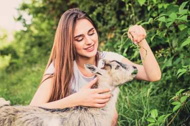 Kadın ve küçük keçi yeşili çimenler. Eko çiftliği. Sevgi ve ilgi. Hayvan hukuku. Çiftlik ve tarım kavramı. Köy hayvanları. Kız sevimli keçiyi oynuyor. Beslenen hayvan. Hayvanları korumak. Veteriner mesleği
